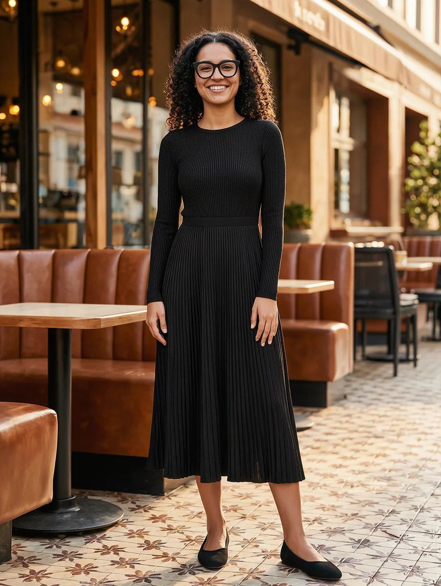 Woman in a black long-sleeve ribbed knit pleated midi dress, black ballet flats and glossy black square glasses, standing front-on outside a restaurant with leather booths