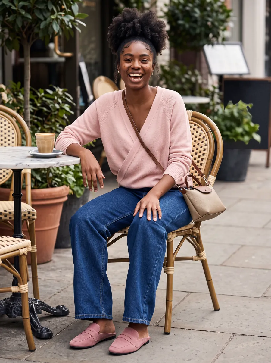 Woman in a blush wrap sweater, mid-dark baggy jeans, dusty-pink penny mules and a cream mini crossbody, seated front-on at a café table