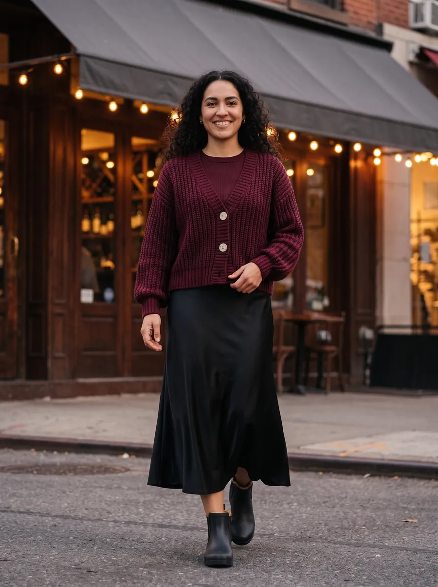 Woman in a burgundy chunky-knit cardigan over a burgundy ribbed top, a black satin midi skirt and black Chelsea boots, walking front-on outside a wine bar at dusk